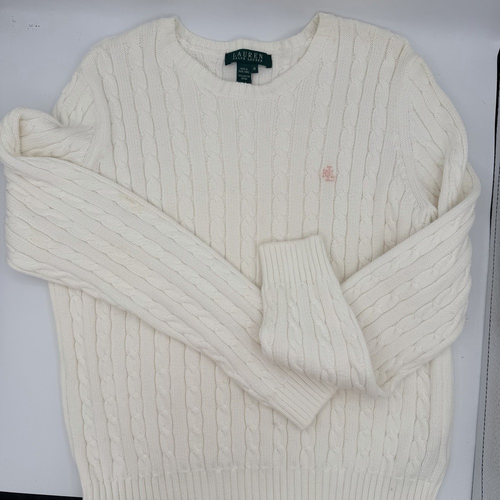 VTG Lauren Ralph Lauren White Cable Knit Sweater Womens Size Med Pink RL Logo